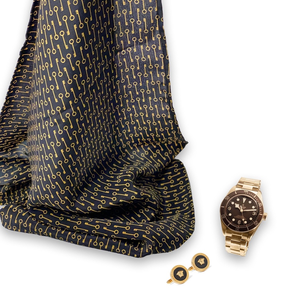 NWT SILKLETTE Keys to Happiness 100% Fine Silk Pocket Square BLACK/GOLD